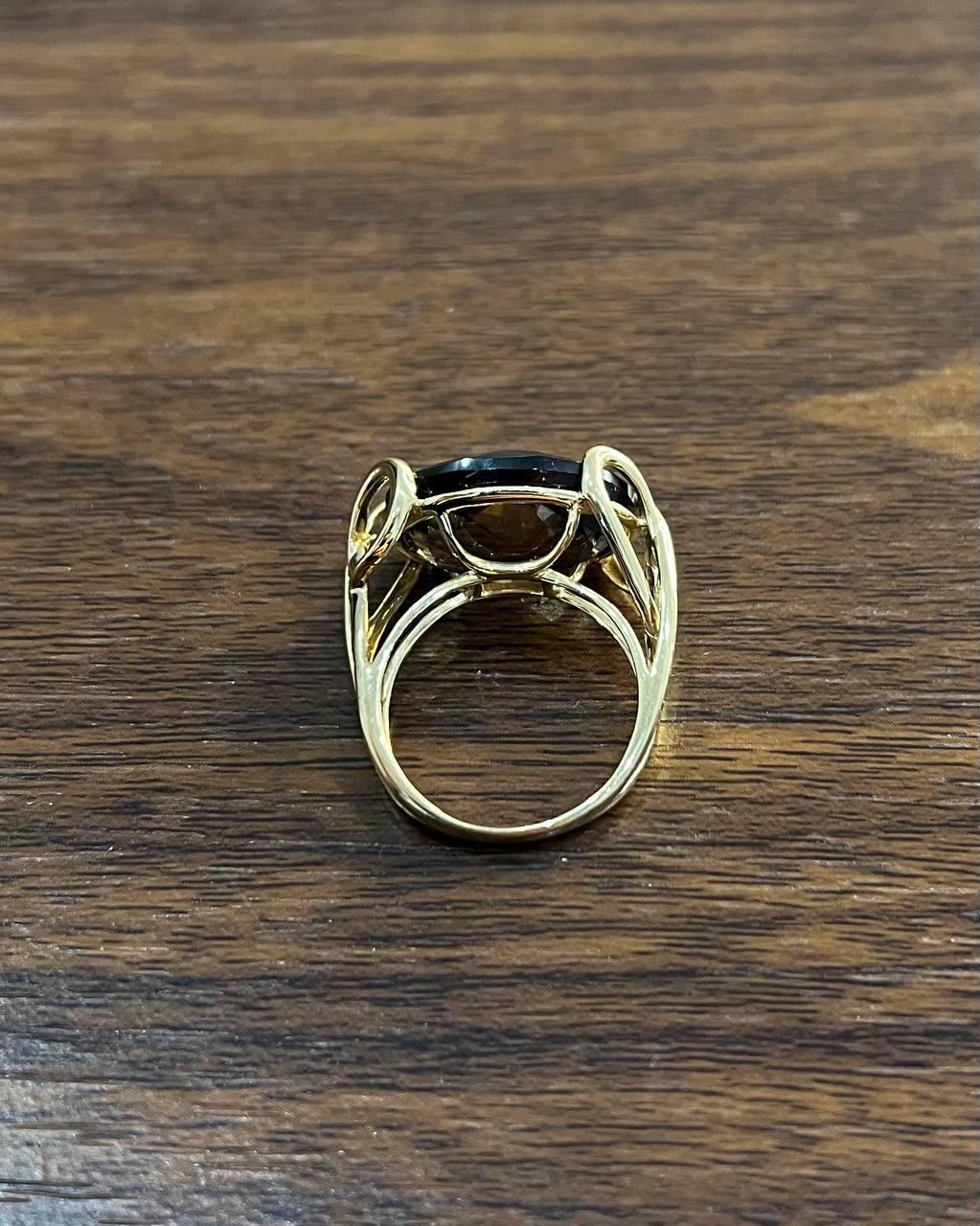 Oval Shape Brown Smoky Quartz 14K Yellow Gold Statement Cocktail Ring