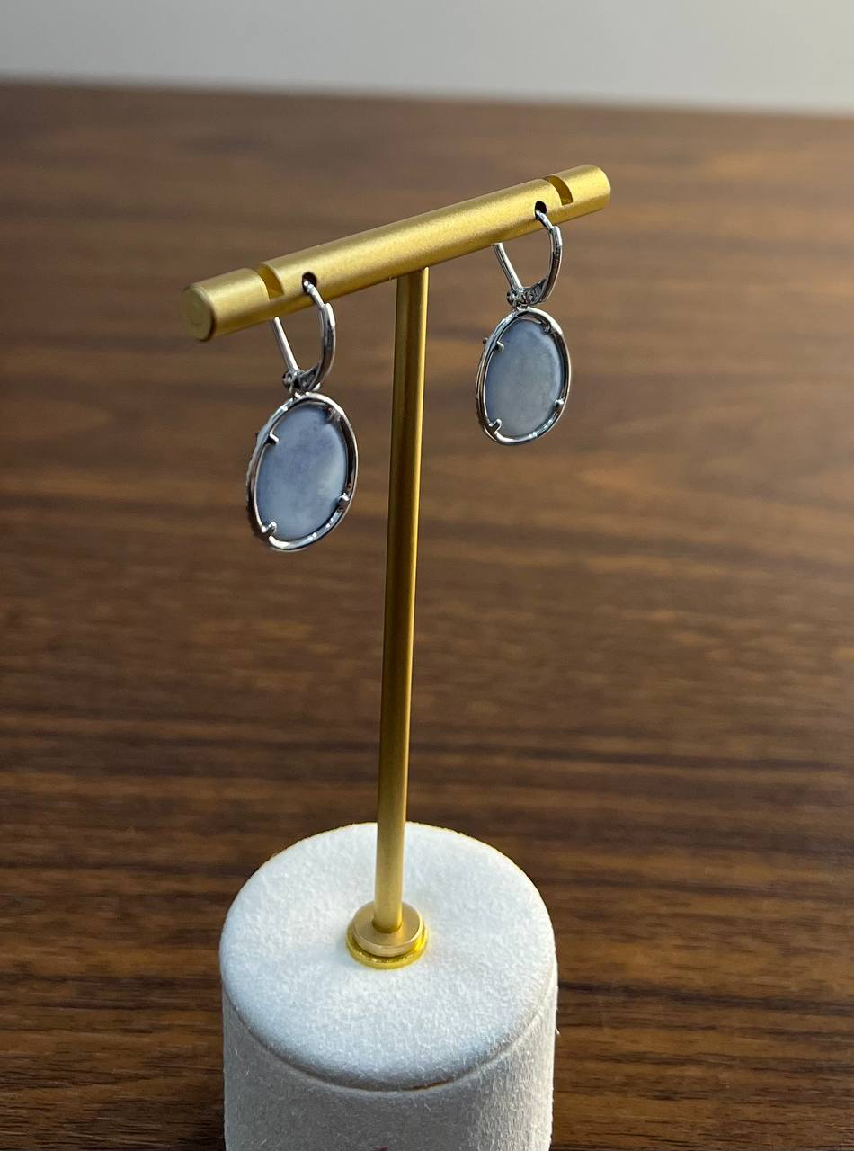 Small Blue Lapis Lazuli Diamonds Halo 14K White Gold Statement Earrings