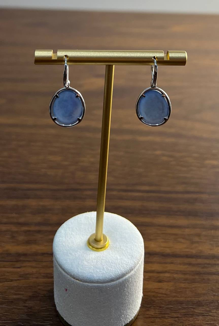Small Blue Lapis Lazuli Diamonds Halo 14K White Gold Statement Earrings