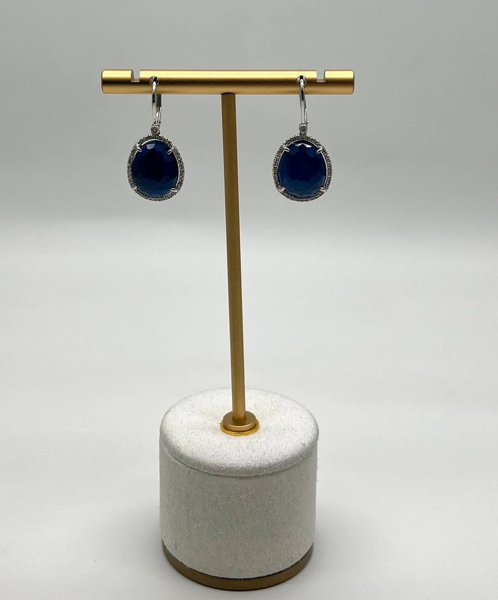Small Blue Lapis Lazuli Diamonds Halo 14K White Gold Statement Earrings