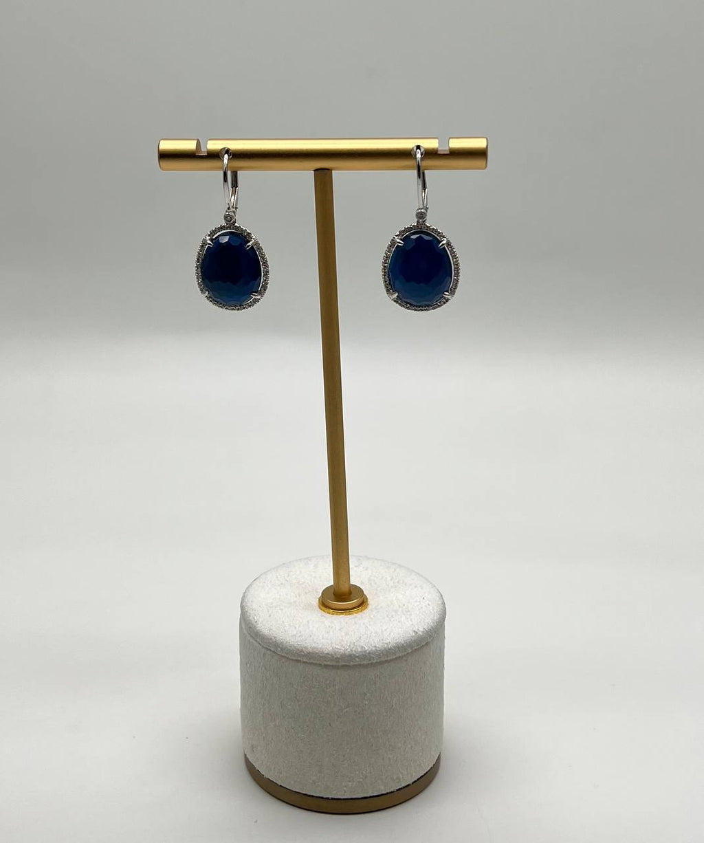 Small Blue Lapis Lazuli Diamonds Halo 14K White Gold Statement Earrings