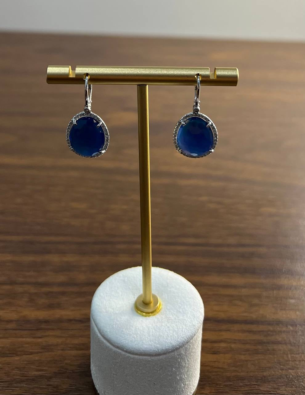 Small Blue Lapis Lazuli Diamonds Halo 14K White Gold Statement Earrings