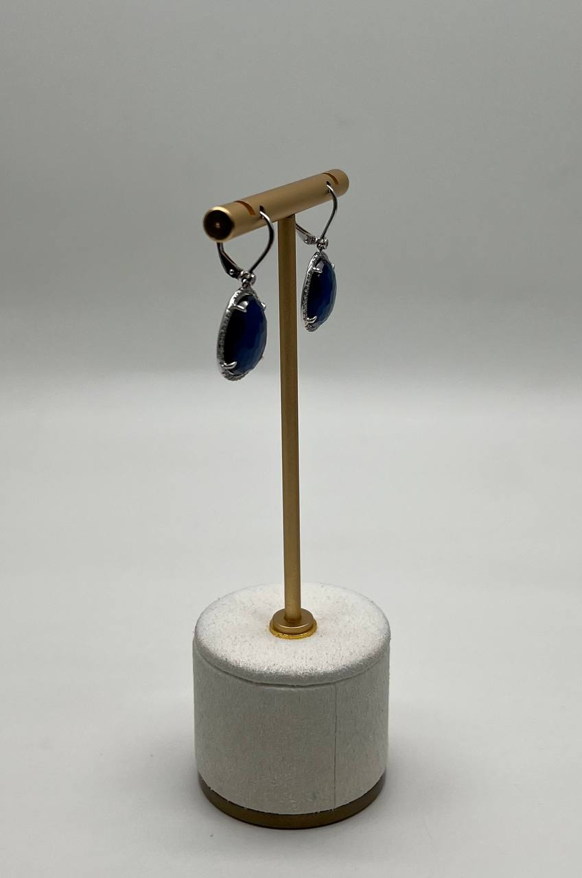 Small Blue Lapis Lazuli Diamonds Halo 14K White Gold Statement Earrings