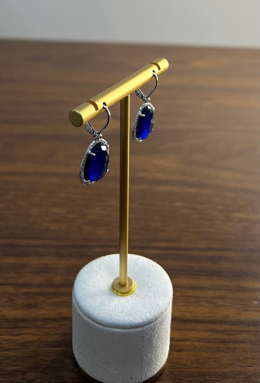 Small Blue Lapis Lazuli Diamonds Halo 14K White Gold Statement Earrings