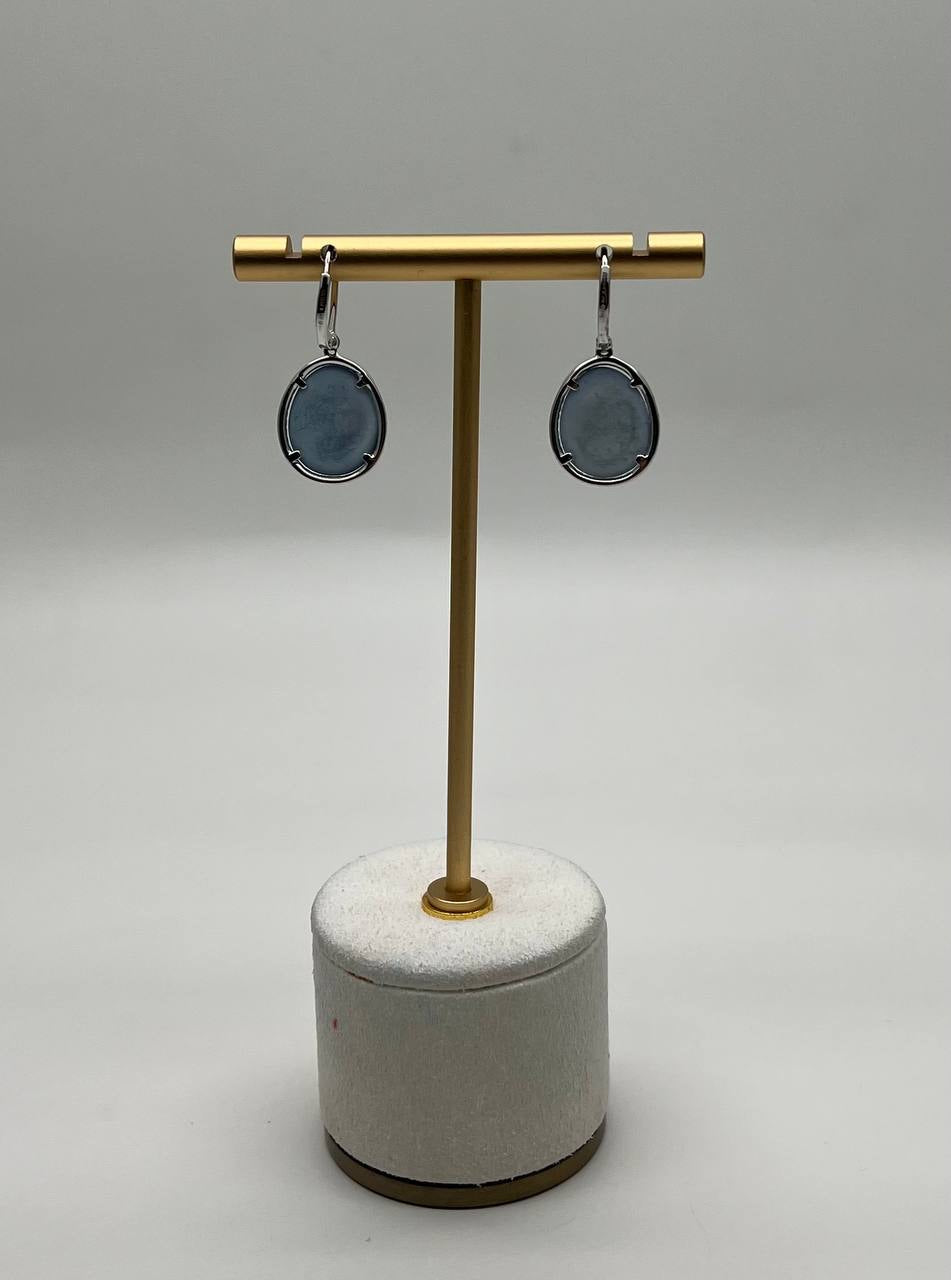 Small Blue Lapis Lazuli Diamonds Halo 14K White Gold Statement Earrings