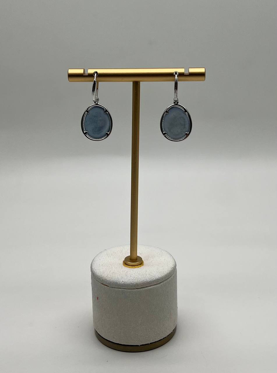 Small Blue Lapis Lazuli Diamonds Halo 14K White Gold Statement Earrings