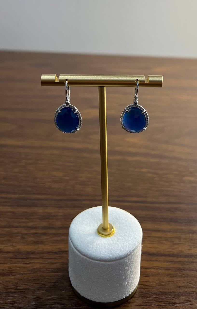 Small Blue Lapis Lazuli Diamonds Halo 14K White Gold Statement Earrings