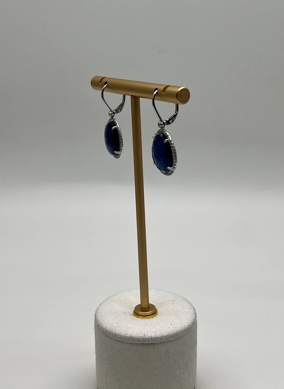 Small Blue Lapis Lazuli Diamonds Halo 14K White Gold Statement Earrings
