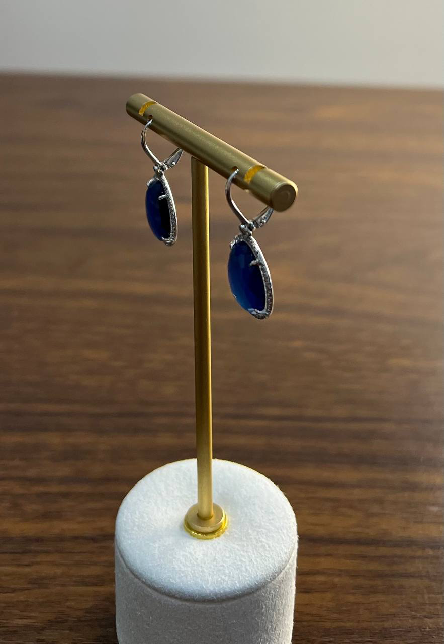 Small Blue Lapis Lazuli Diamonds Halo 14K White Gold Statement Earrings