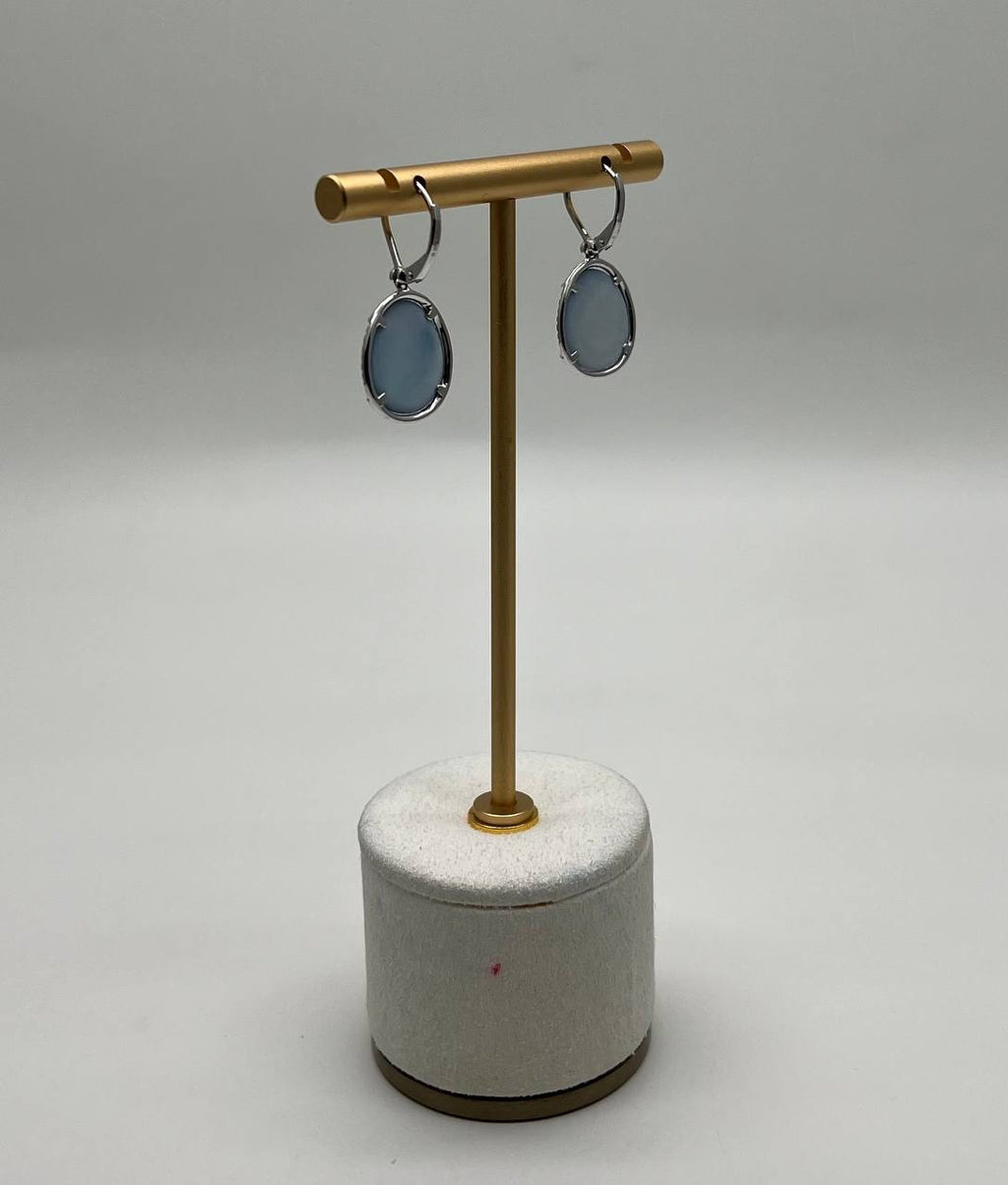Small Blue Lapis Lazuli Diamonds Halo 14K White Gold Statement Earrings
