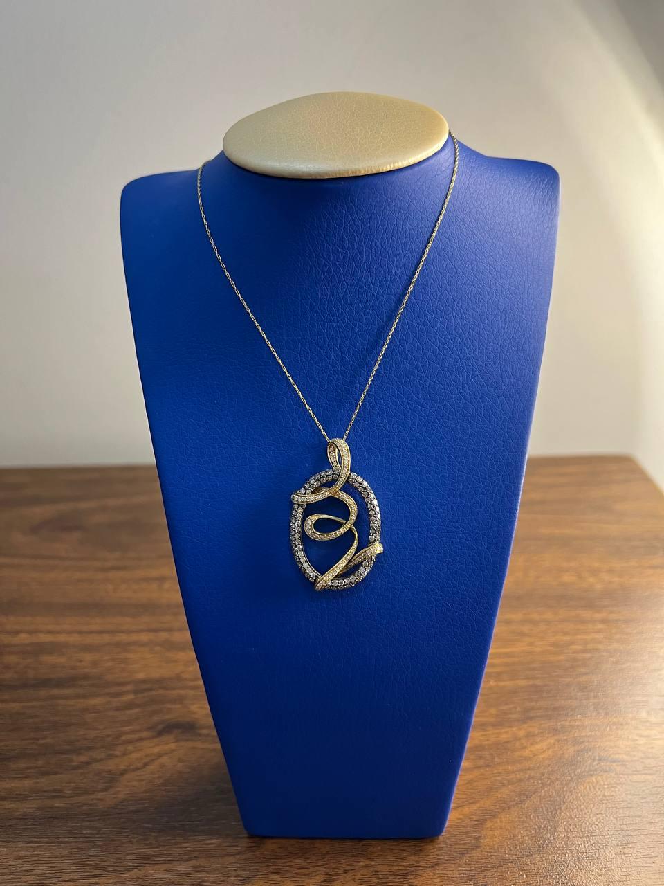 White Champagne Cognac Diamonds 14K Yellow Gold Swirl Statement Pendant Necklace