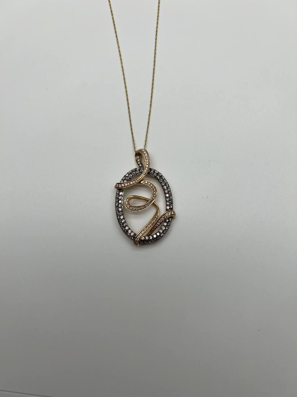 White Champagne Cognac Diamonds 14K Yellow Gold Swirl Statement Pendant Necklace