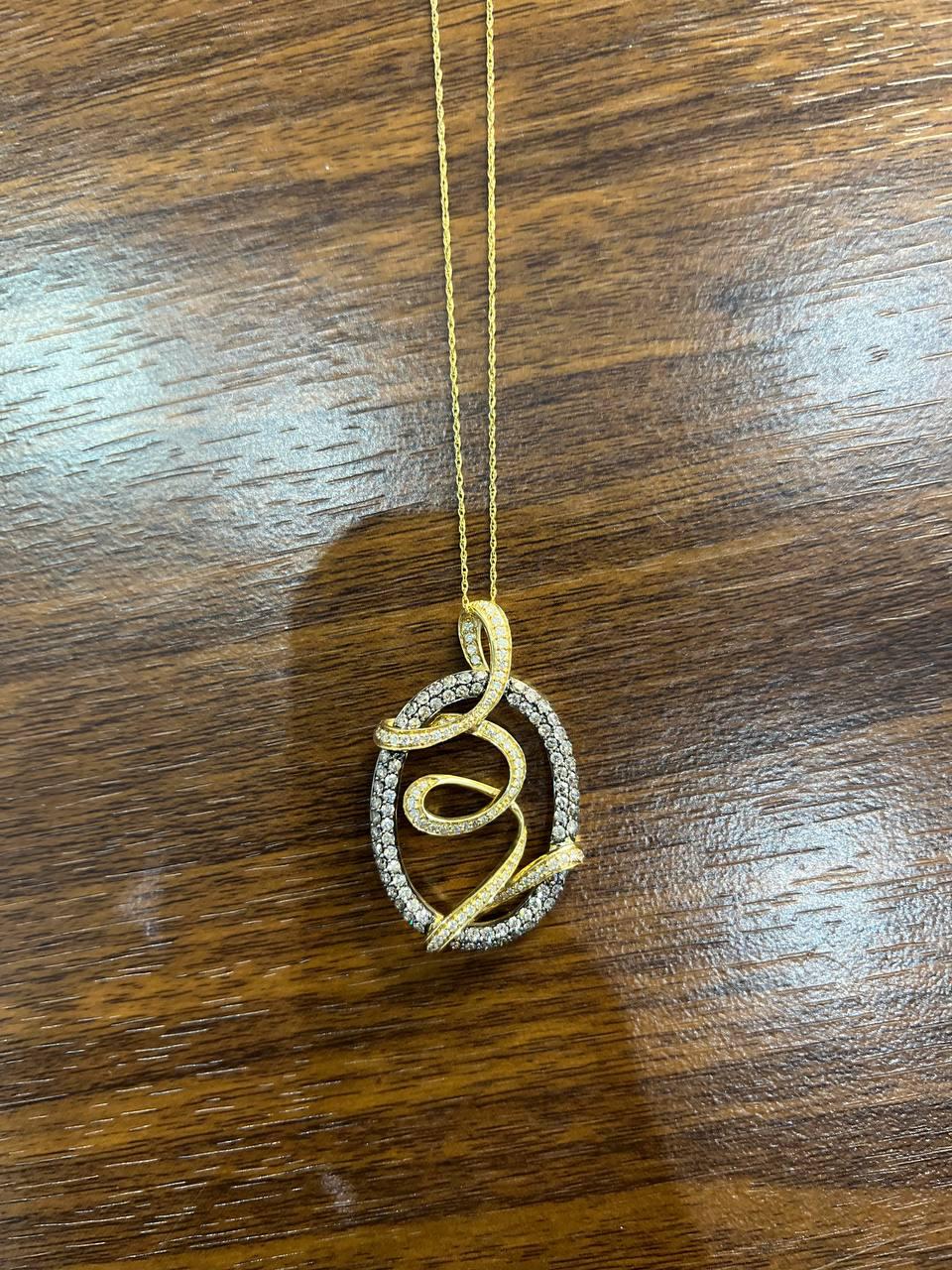 White Champagne Cognac Diamonds 14K Yellow Gold Swirl Statement Pendant Necklace