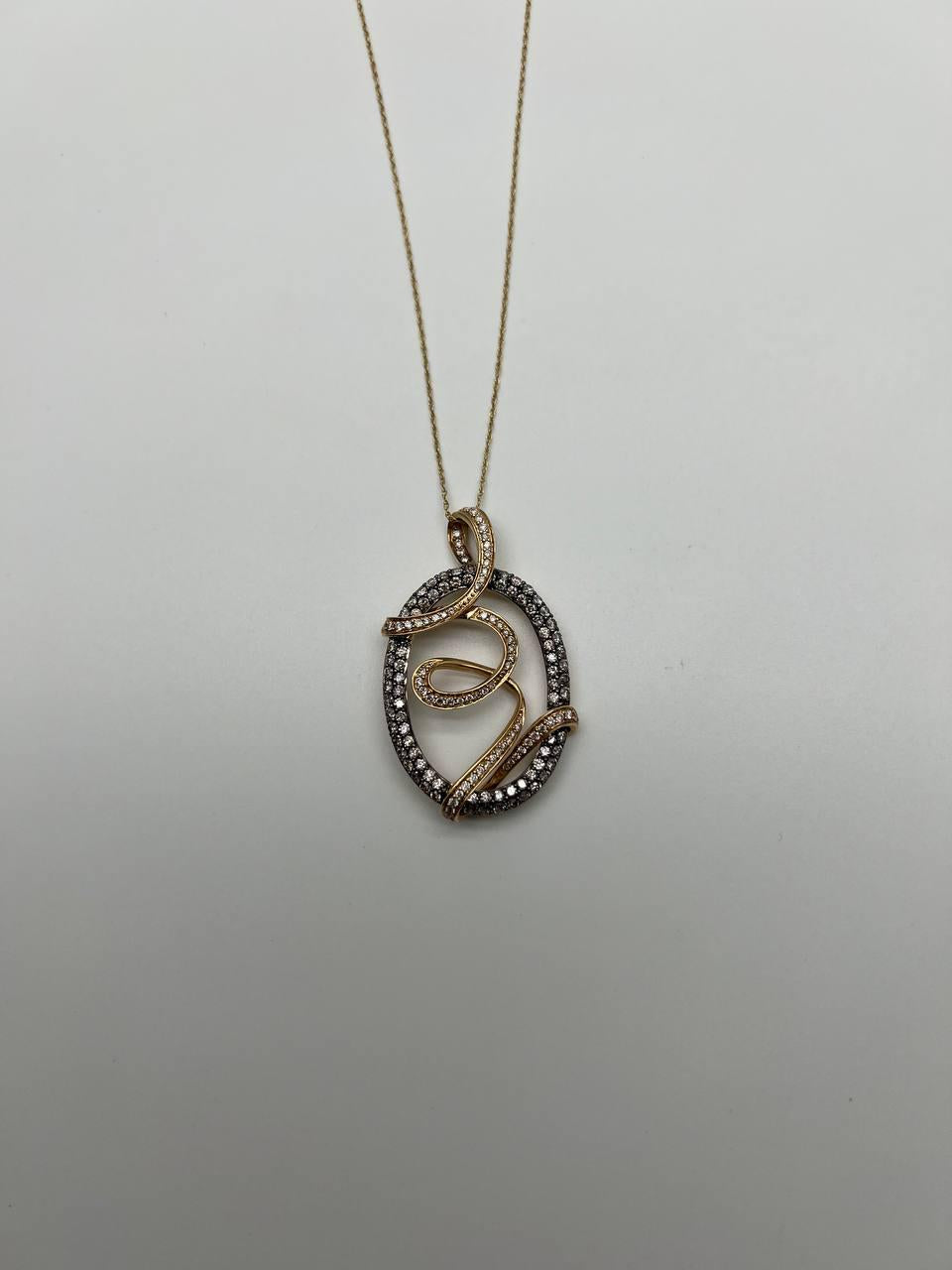 White Champagne Cognac Diamonds 14K Yellow Gold Swirl Statement Pendant Necklace