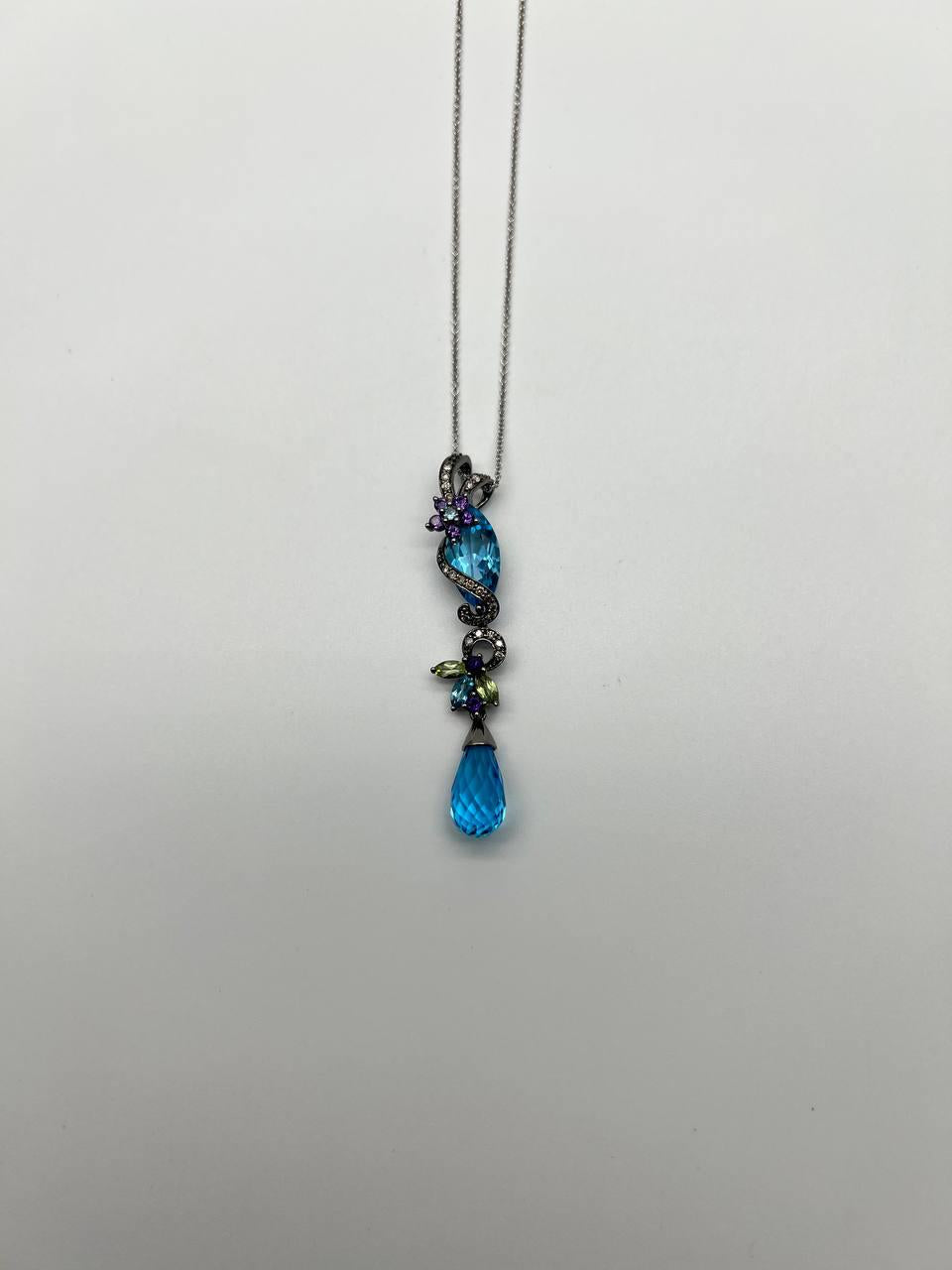 Blue Topaz Amethyst Briolette Floral Diamond Black White Gold Pendant Necklace