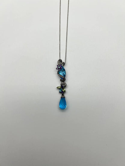Blue Topaz Amethyst Briolette Floral Diamond Black White Gold Pendant Necklace