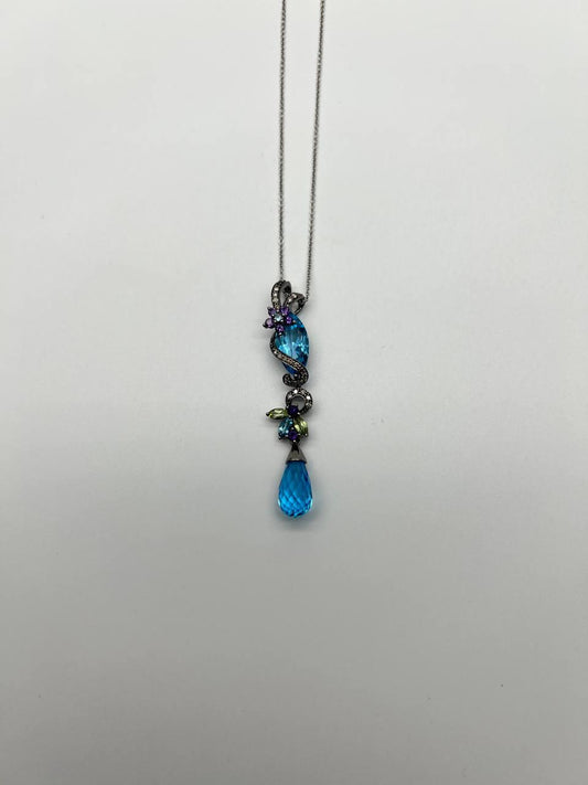 Blue Topaz Amethyst Briolette Floral Diamond Black White Gold Pendant Necklace