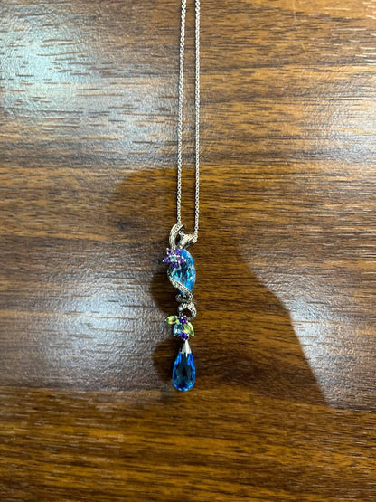 Blue Topaz Amethyst Briolette Floral Diamond Black White Gold Pendant Necklace