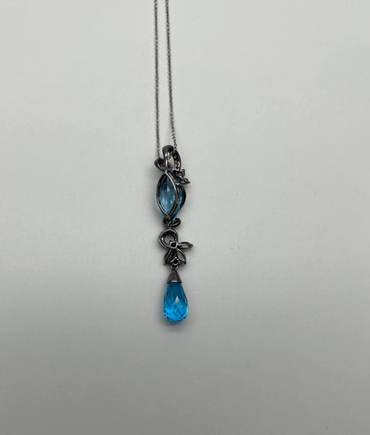 Blue Topaz Amethyst Briolette Floral Diamond Black White Gold Pendant Necklace