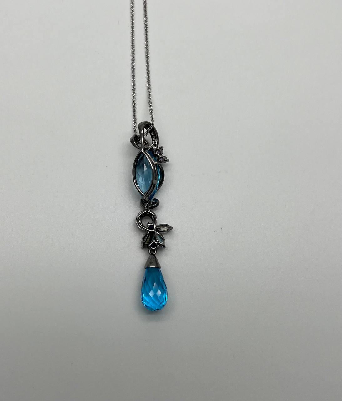Blue Topaz Amethyst Briolette Floral Diamond Black White Gold Pendant Necklace