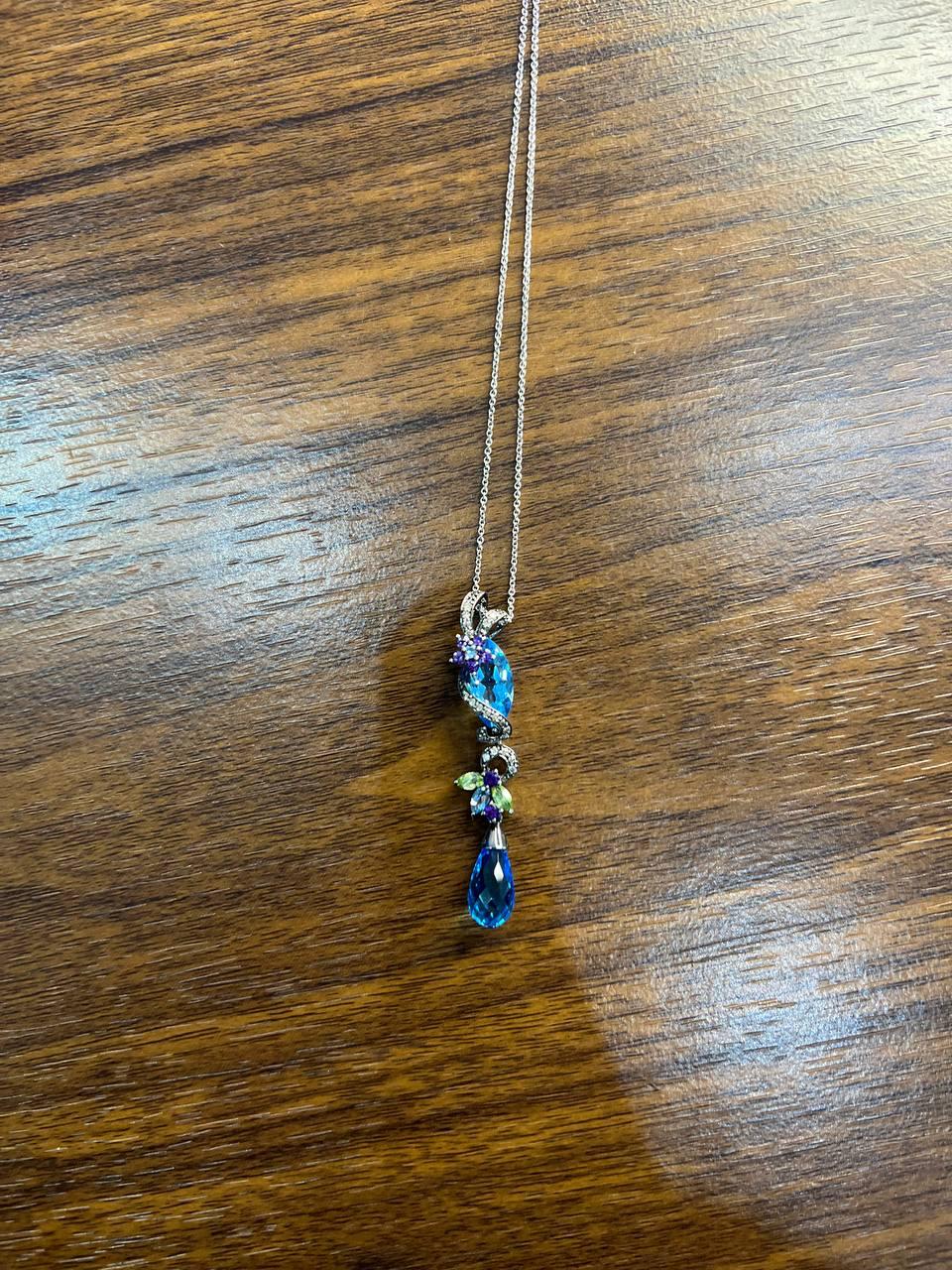 Blue Topaz Amethyst Briolette Floral Diamond Black White Gold Pendant Necklace