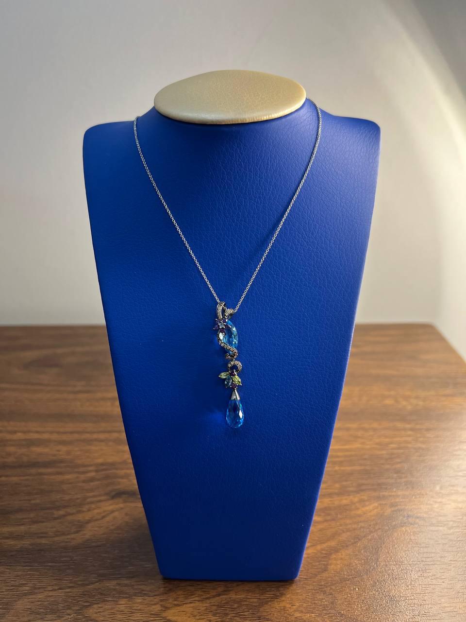 Blue Topaz Amethyst Briolette Floral Diamond Black White Gold Pendant Necklace