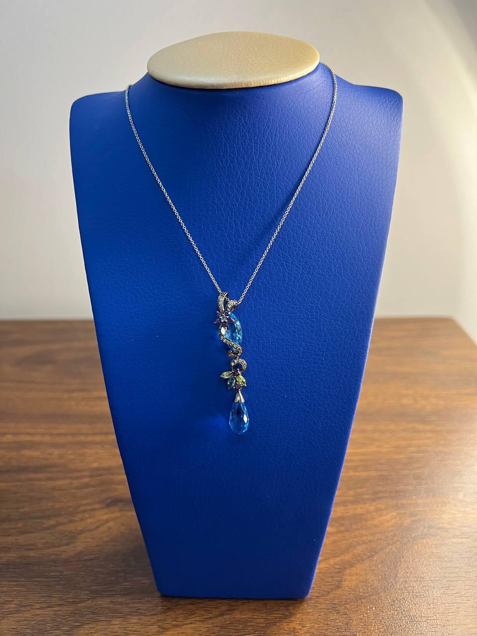 blue topaz amethyst briolette floral diamond black white gold pendant necklace