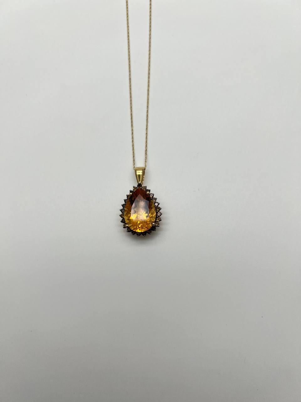 Pear Tear Drop Shape Orange Citrine with Brown Diamonds Halo 14K Gold Necklace