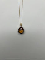 Pear Tear Drop Shape Orange Citrine with Brown Diamonds Halo 14K Gold Necklace
