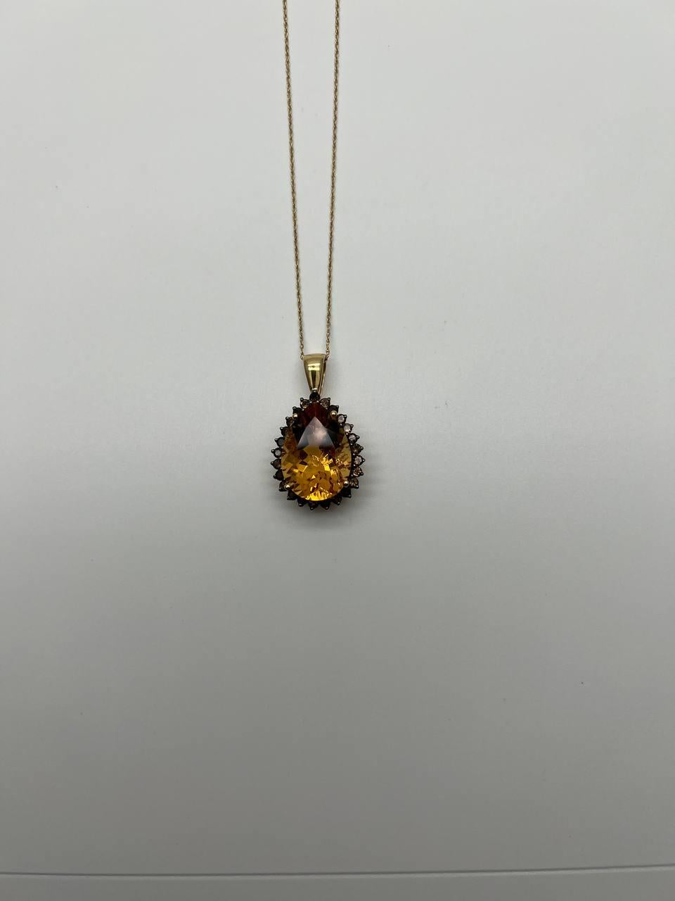 Pear Tear Drop Shape Orange Citrine with Brown Diamonds Halo 14K Gold Necklace