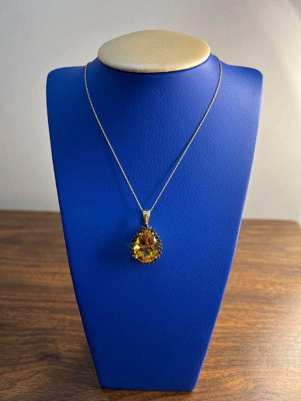 Pear Tear Drop Shape Orange Citrine with Brown Diamonds Halo 14K Gold Necklace