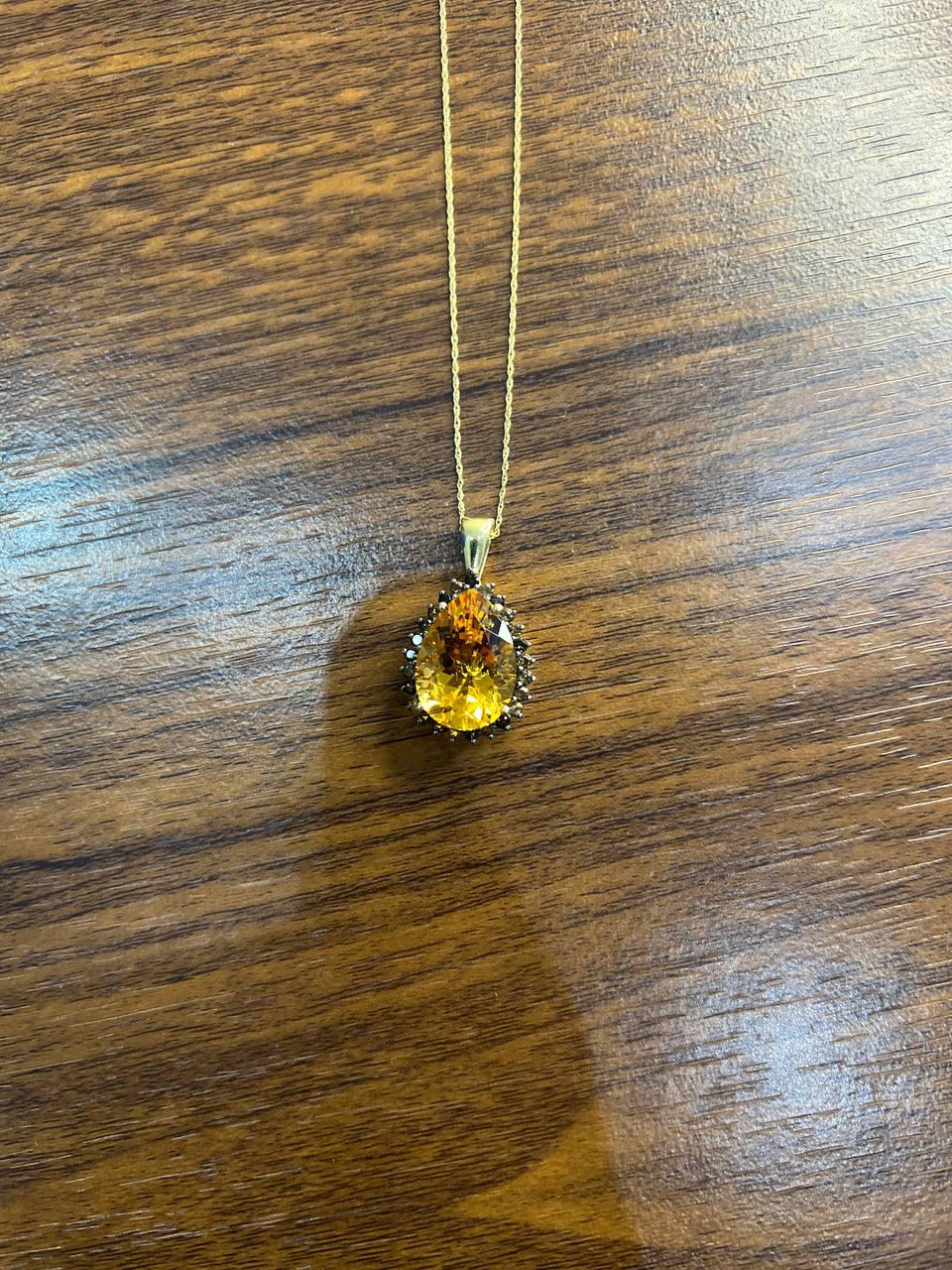 Pear Tear Drop Shape Orange Citrine with Brown Diamonds Halo 14K Gold Necklace