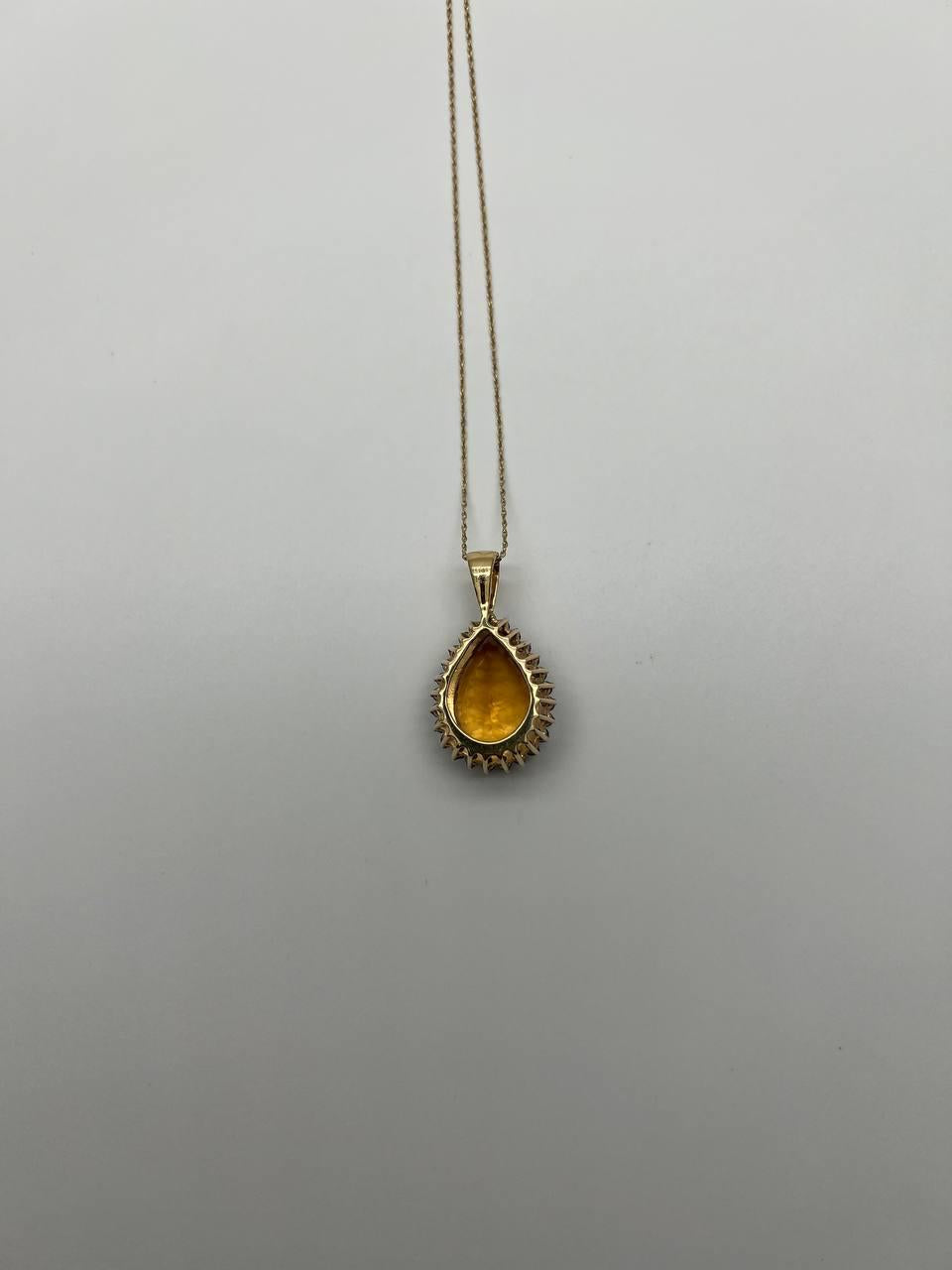 Pear Tear Drop Shape Orange Citrine with Brown Diamonds Halo 14K Gold Necklace