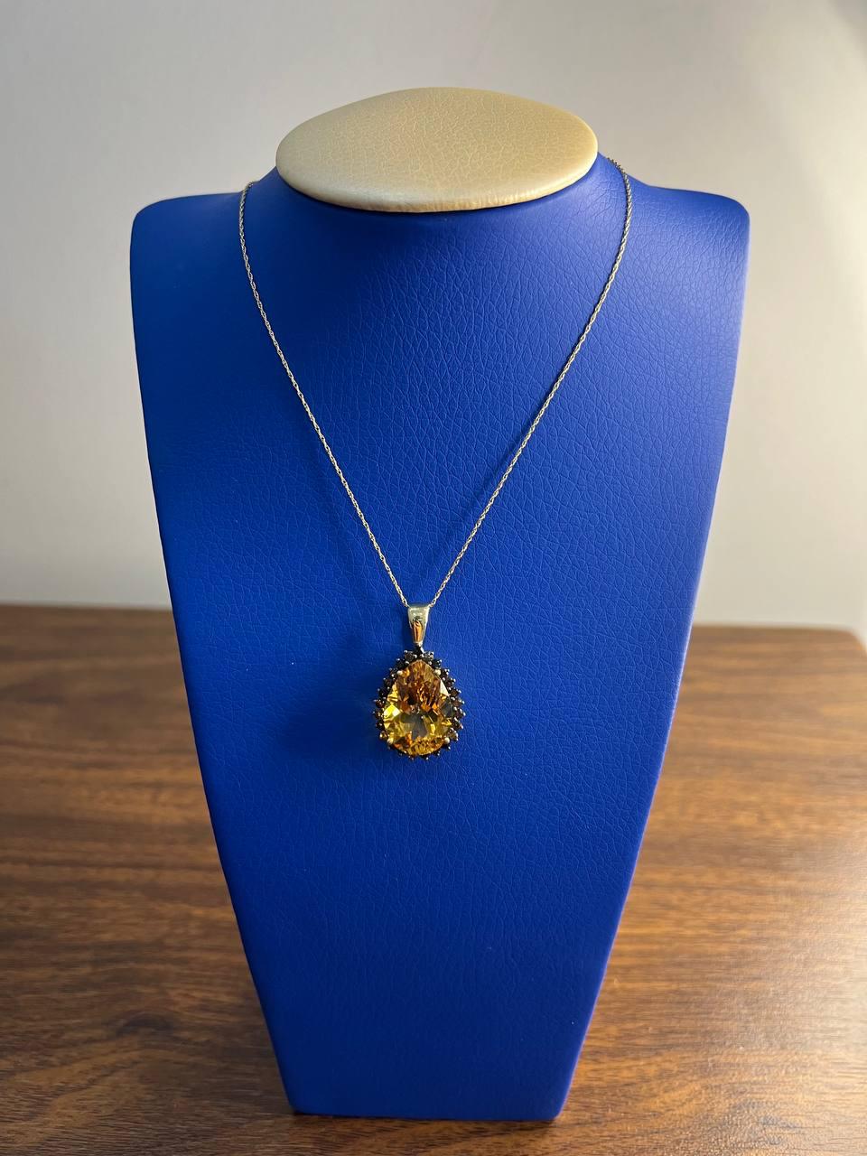 Pear Tear Drop Shape Orange Citrine with Brown Diamonds Halo 14K Gold Necklace