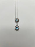 Fancy Blue Topaz White Diamond Halo 14K White Gold Fancy Drop Pendant Necklace