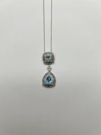 Fancy Blue Topaz White Diamond Halo 14K White Gold Fancy Drop Pendant Necklace