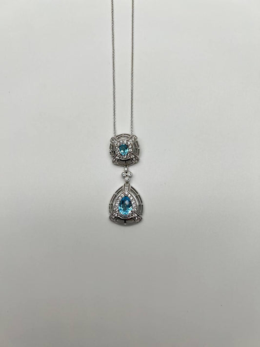 Fancy Blue Topaz White Diamond Halo 14K White Gold Fancy Drop Pendant Necklace
