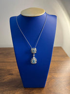 Fancy Blue Topaz White Diamond Halo 14K White Gold Fancy Drop Pendant Necklace