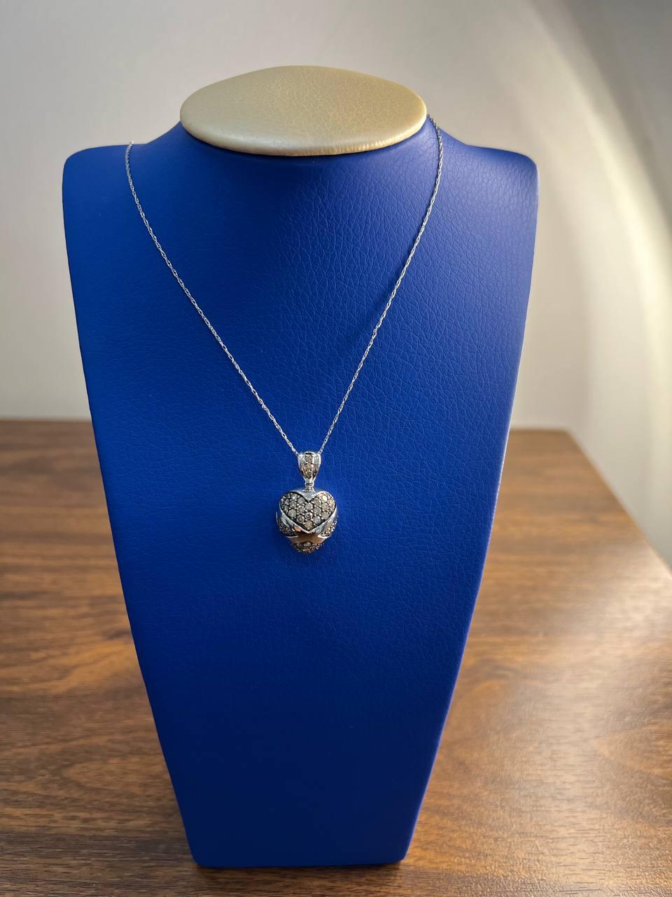 Heart Shape Champagne Brown Cognac Diamonds White Gold Chain Pendant Necklace