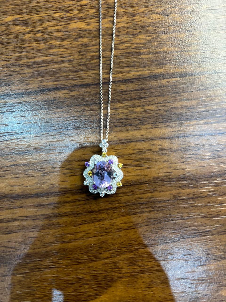 Violet Amethyst Halo Diamonds Citrine Blue Topaz 14K White Gold Pendant Necklace