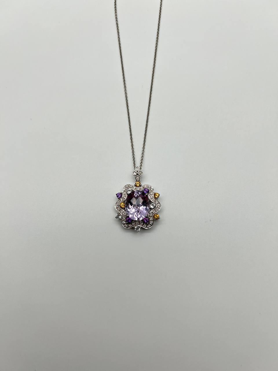 Violet Amethyst Halo Diamonds Citrine Blue Topaz 14K White Gold Pendant Necklace