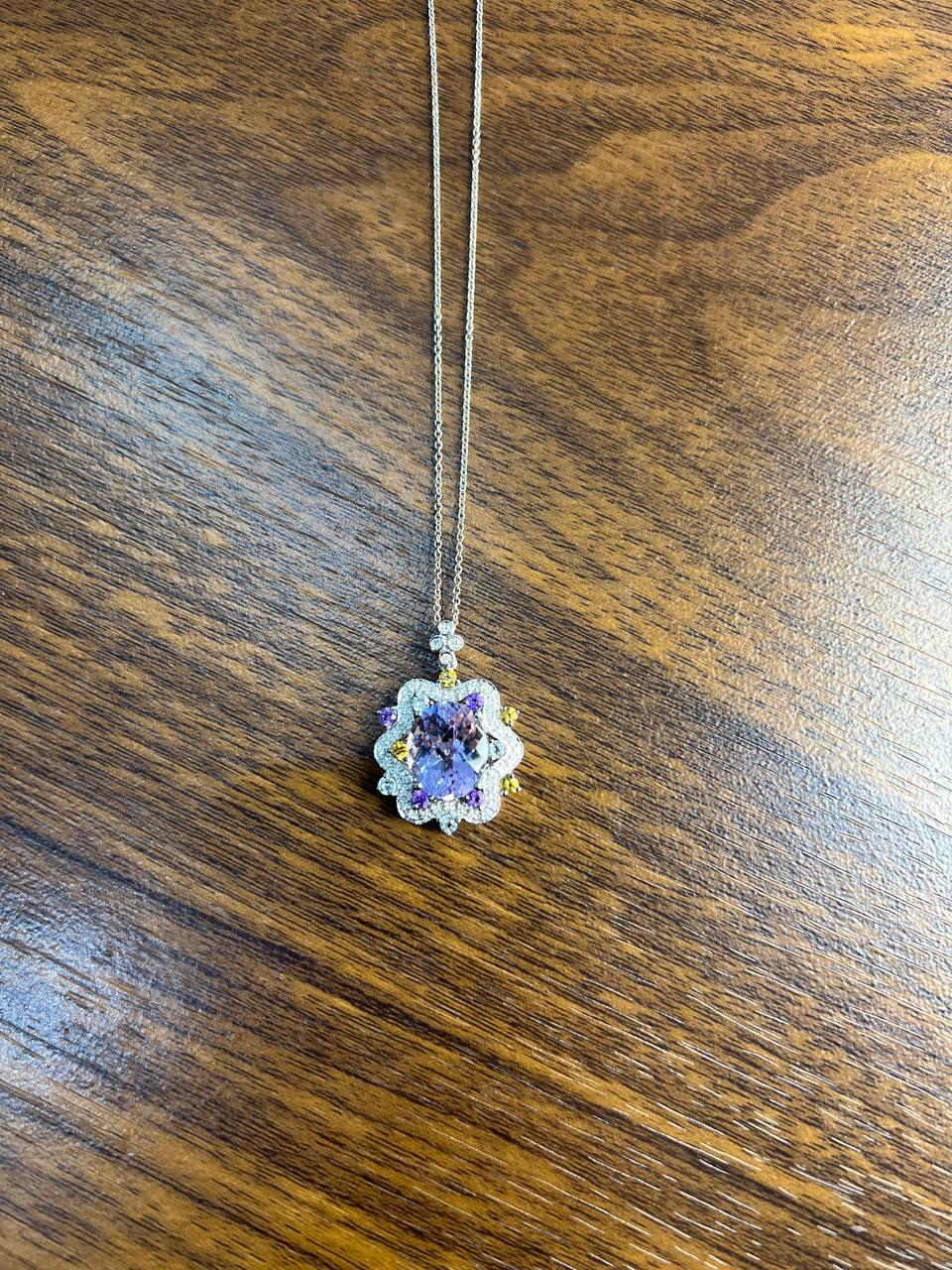 Violet Amethyst Halo Diamonds Citrine Blue Topaz 14K White Gold Pendant Necklace