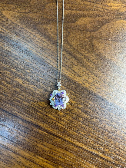 Violet Amethyst Halo Diamonds Citrine Blue Topaz 14K White Gold Pendant Necklace