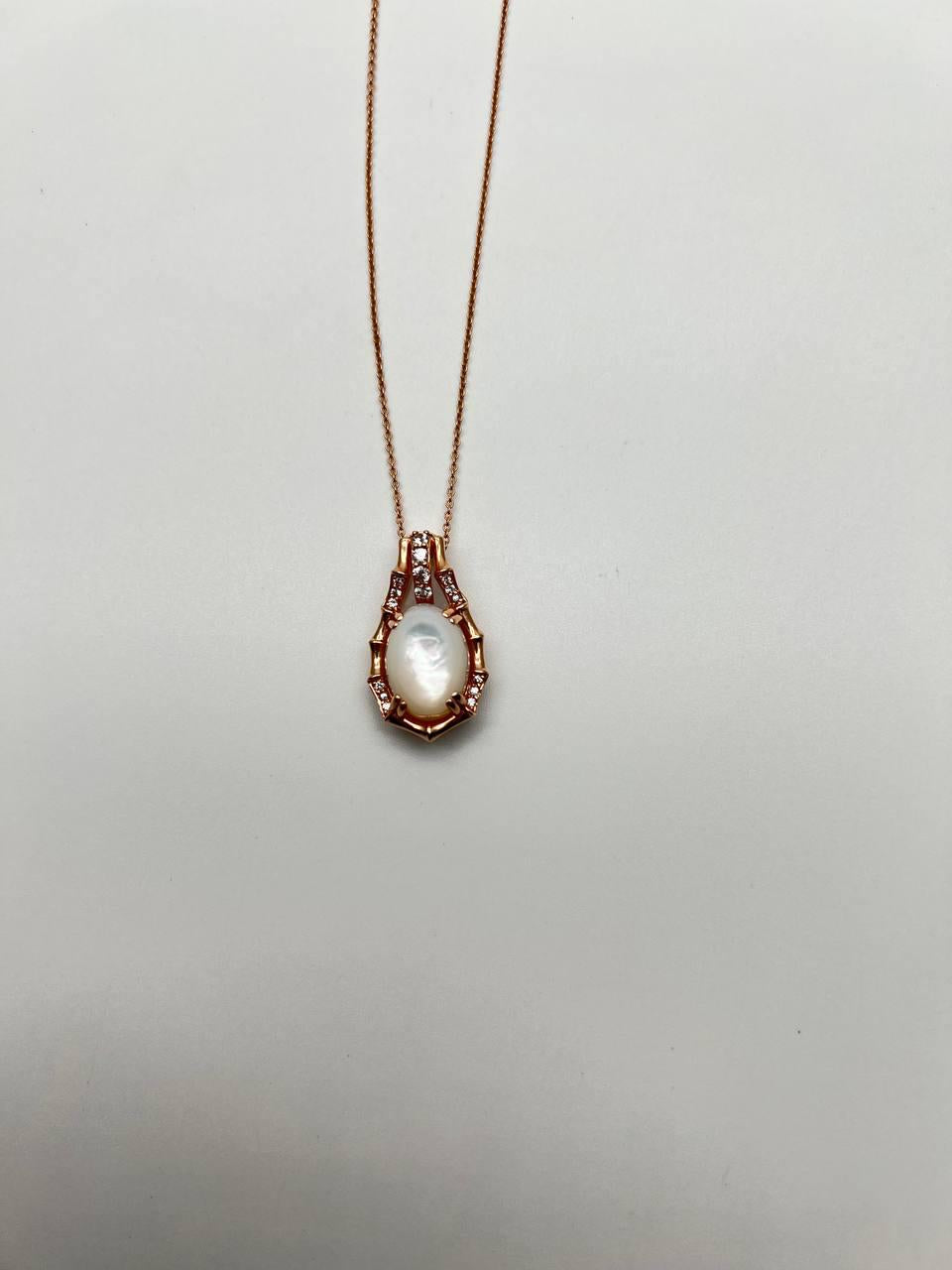 White Mother of Pearl Diamond Bamboo Detail 14K Rose Gold Pendant Chain Necklace