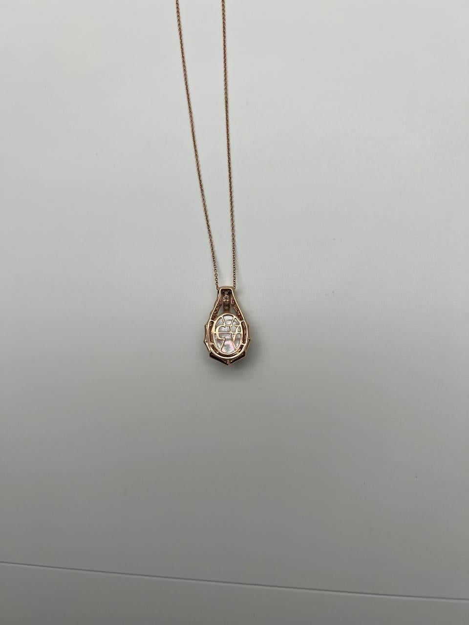 White Mother of Pearl Diamond Bamboo Detail 14K Rose Gold Pendant Chain Necklace