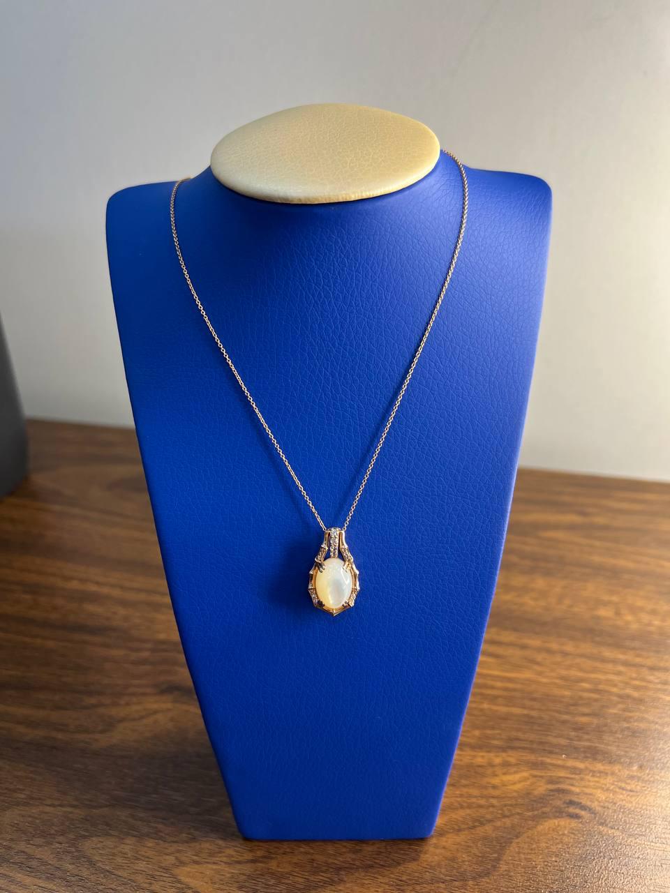 White Mother of Pearl Diamond Bamboo Detail 14K Rose Gold Pendant Chain Necklace