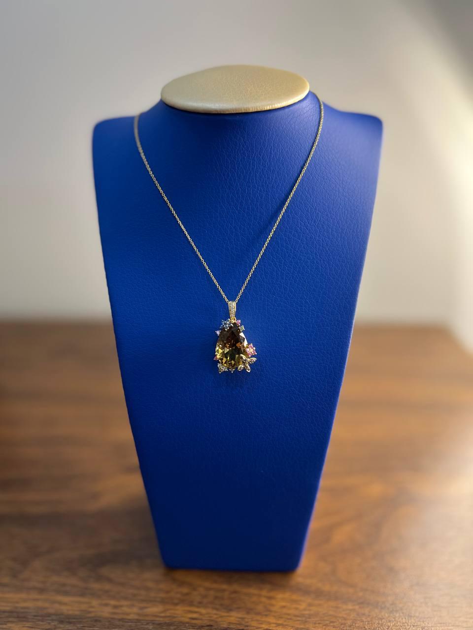 Dark Orange Citrine Tear Drop Shape Diamond Gemstone 14K Gold Pendant Necklace