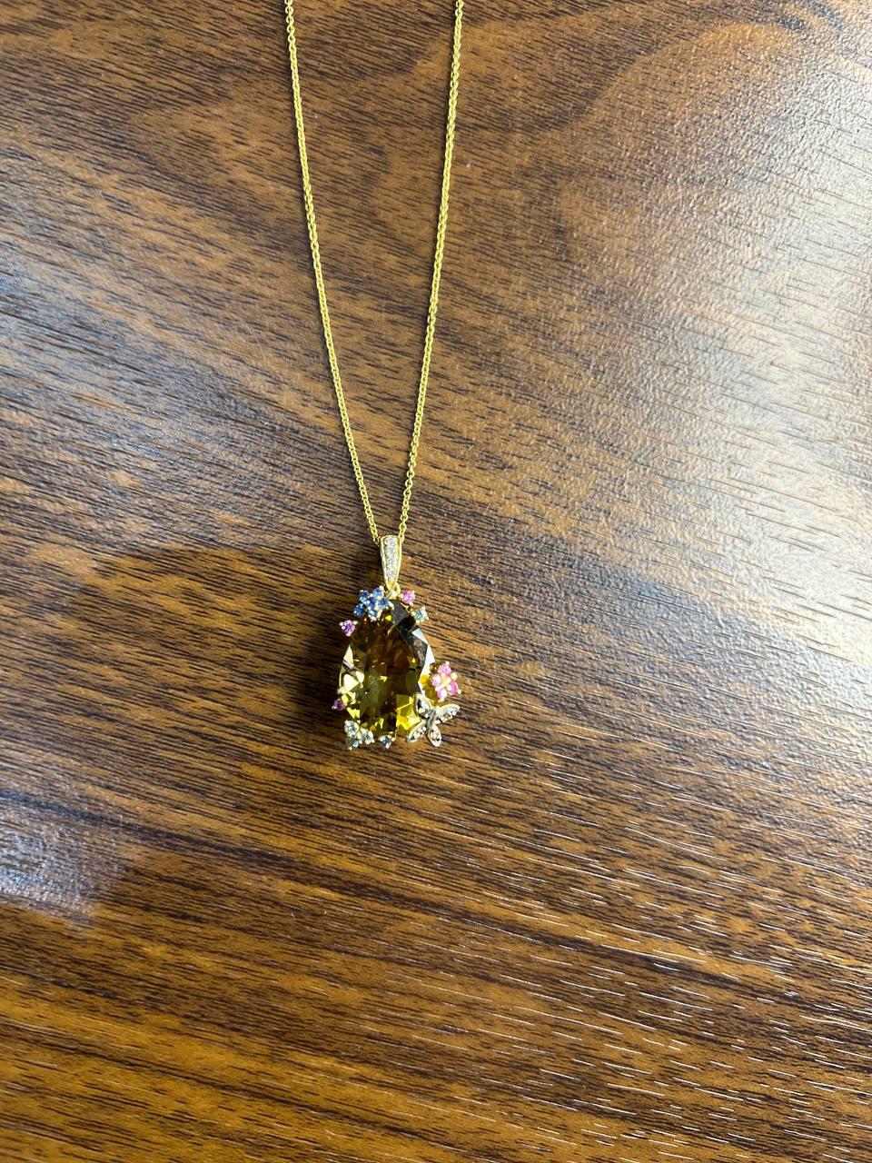 Dark Orange Citrine Tear Drop Shape Diamond Gemstone 14K Gold Pendant Necklace