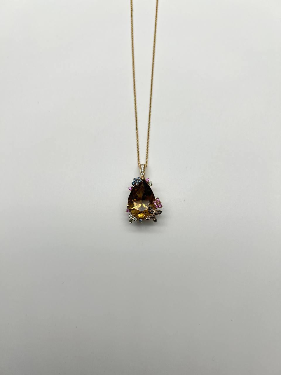 Dark Orange Citrine Tear Drop Shape Diamond Gemstone 14K Gold Pendant Necklace