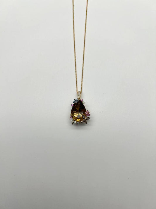 Dark Orange Citrine Tear Drop Shape Diamond Gemstone 14K Gold Pendant Necklace